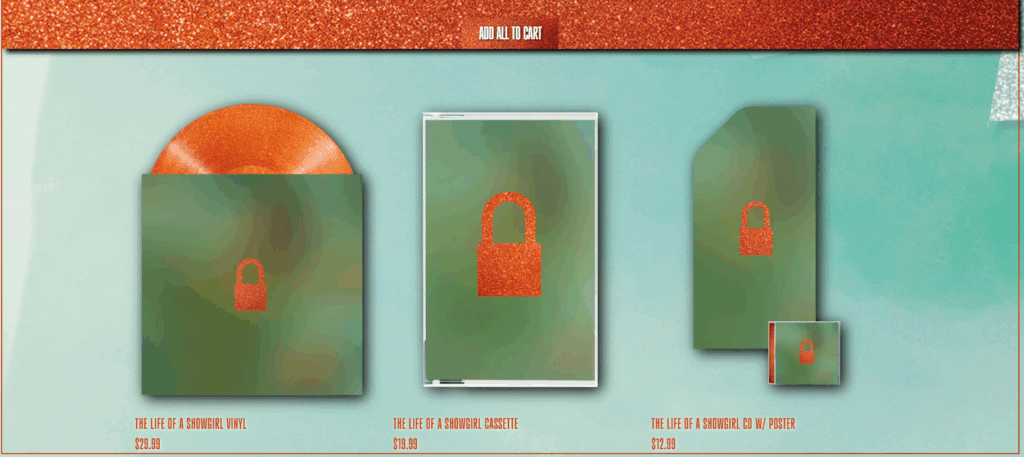 Tienda oficial de Taylor Swift con el vinilo, el Cd y el casete de The Life Of a Showgirl